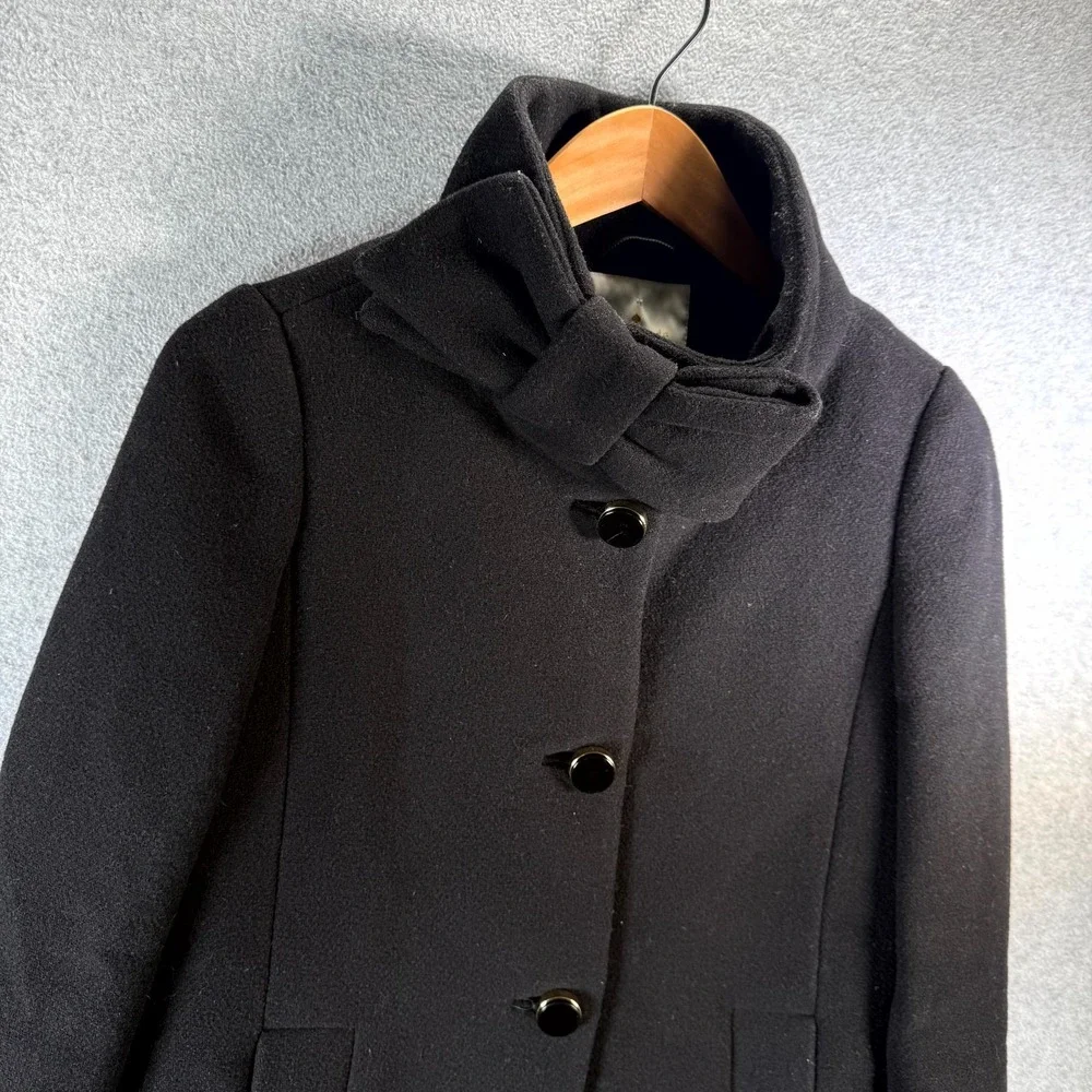 Kate Spade Women's Bow Neck Ribbon Coat Size 0 Black Wool Peacoat Front Button